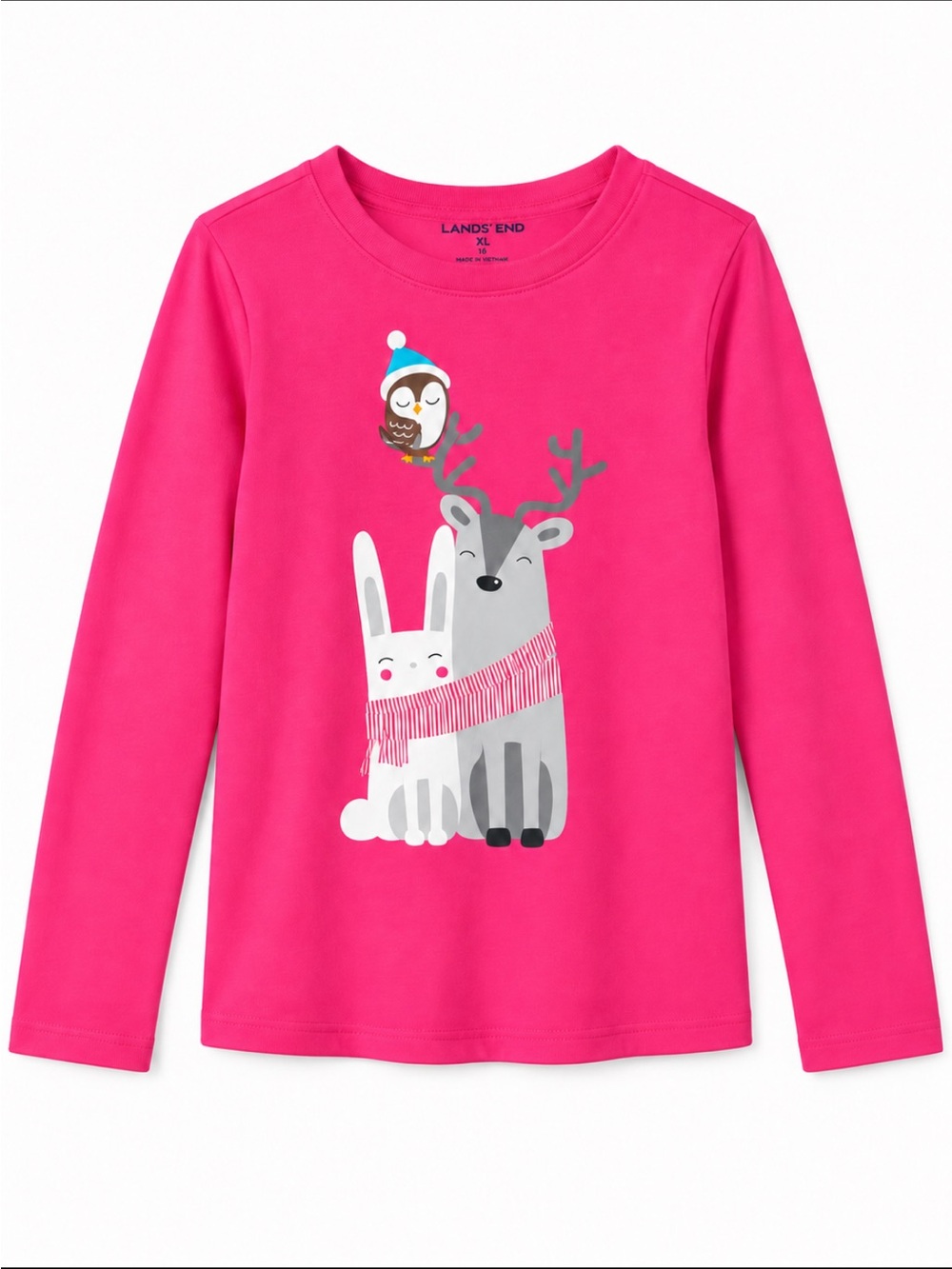 LandsEnd Girls Graphic Tee Shirt WINTER FRIENDS Long Sleeve Crew Neck XL-16